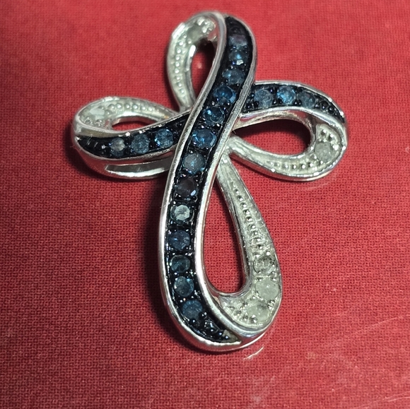 Sterling Silver Blue Sapphire and Diamond Infinity Cross Pendant.